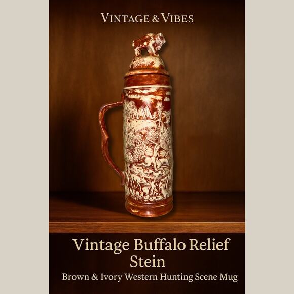 Vintage Buffalo Relief Stein — Brown & Ivory Western Hunting Scene Mug - Picture 3 of 9